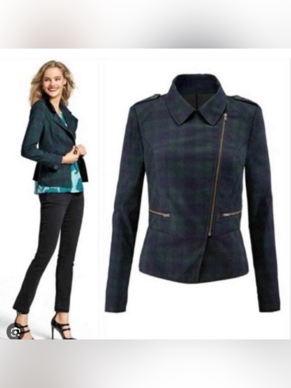 Cabi Tartan Plaid Asymmetrical Zip Moto Jacket Blazer Blue Green Academia Size 4